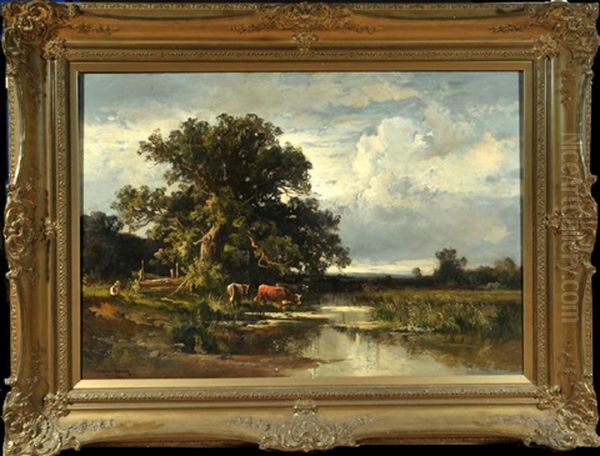 Kuhe Am Bachlauf In Weiter Baumlandschaft - view 1