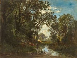 Waldlandschaft Mit Teich Und Weidendem Vieh by Fritz Halberg-Krauss