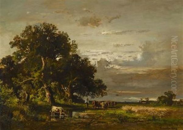 Hirte Mit Kuhherde Am Waldrand - view 1