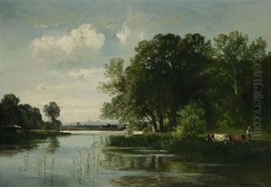Hirte Mit Kuhen Am Wasser by Fritz Halberg-Krauss