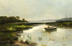 Seenlandschaft Im Voralpenland, Im Vordergrund Ein Angler In Seinem Boot Seenlandschaft Im Voralpenland, Im Vordergrund Ein Angler In Seinem Boot