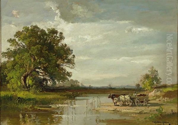 Landschaft Bei Polling. Zweispanniger Ochsenkarren An Der Tranke - view 1