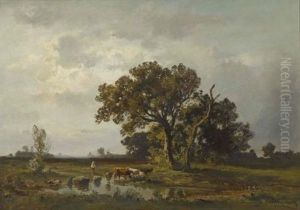 Hirte Mit Rindern Am Wasser by Fritz Halberg-Krauss