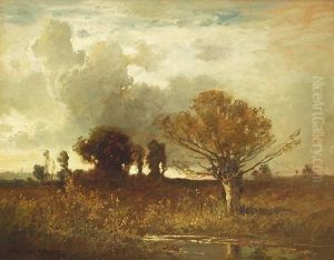 Landschaft Mit Baumgruppe Vor Stadt by Fritz Halberg-Krauss