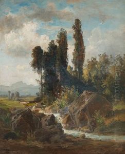 Kleiner Bachlauf In Weiter Sommerlandschaft Vor Einem Gebirge by Fritz Halberg-Krauss
