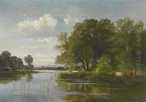 Hirte Mit Kuhen Am Seeufer by Fritz Halberg-Krauss