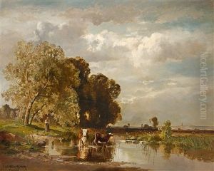 Kuhe Und Magd Am Wasser by Fritz Halberg-Krauss