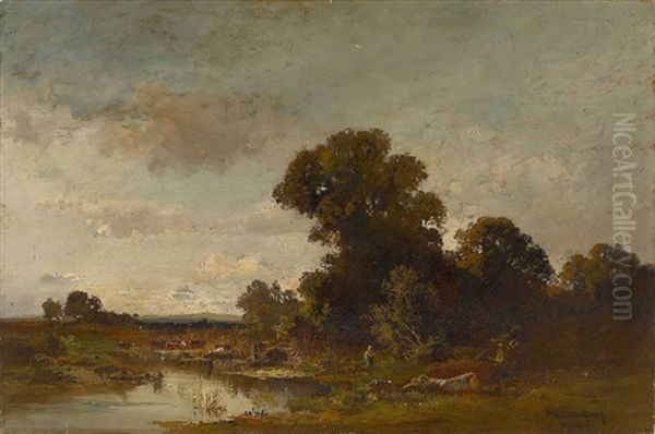 Herbstliche Landschaft Mit Bauerin Und Kuhen Am Teichufer - view 1