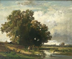Teichlandschaft Mit Malerischer Baumgruppe Im Abendlichen Gegenlicht by Fritz Halberg-Krauss