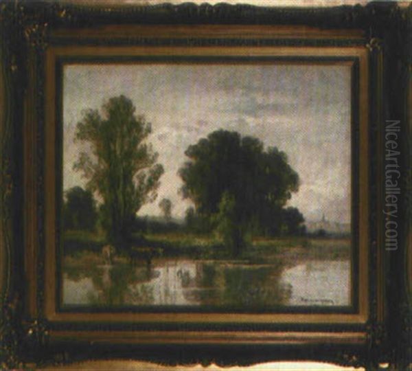 Hirte Mit Kuhen Am Weiher - view 1