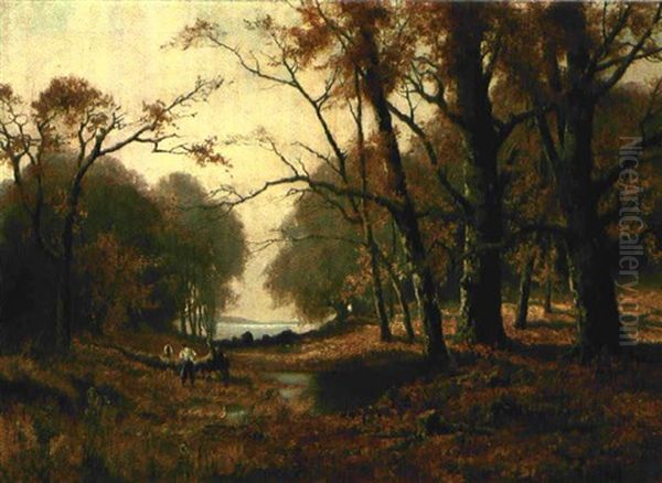 Herbstlandschaft Am See Mit Waldarbeitern - view 1