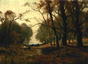 Herbstlandschaft Am See Mit Waldarbeitern Herbstlandschaft Am See Mit Waldarbeitern