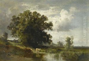Dachauerlandschaft Mit Kuhen Am Ufer