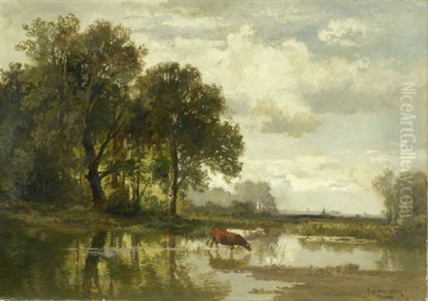 Flusslandschaft Mit Kuhen, In Der Ferne Eine Stadt - view 1