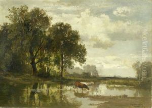 Flusslandschaft Mit Kuhen, In Der Ferne Eine Stadt