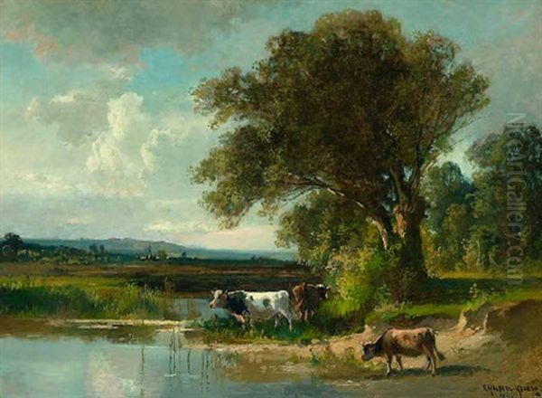 Kuhe An Einer Furt, Vor Weiter Baumlandschaft - view 1