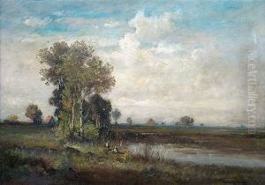 Bayerische Sommerlandschaft Mit Kindern An Einem Weiher Bayerische Sommerlandschaft Mit Kindern An Einem Weiher