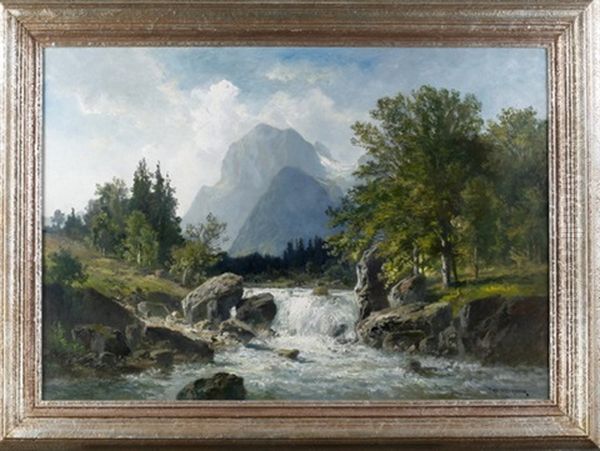 Wildbach Vor Alpenmassiv In Sommerlicher Landschaft - view 1