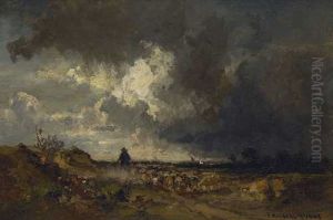 Hirte Mit Schafherde Bei Aufziehendem Gewitter by Fritz Halberg-Krauss