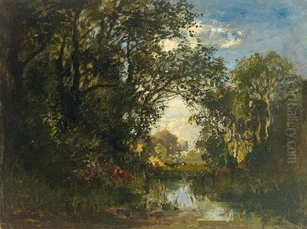 Waldlandschaft Mit Teich Und Kuhen An Der Tranke - view 1