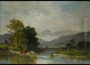 Oberbayerische Landschaft Mit Kuhen Am Teich