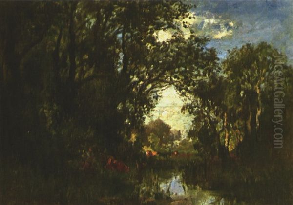 Waldlandschaft Mit Teich Und Kuhen Auf Einer Lichtung - view 1