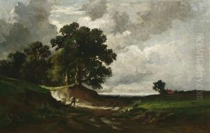 Landstrase In Wald- Und Wiesenlandschaft Bei Aufziehendem Regen by Fritz Halberg-Krauss