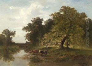 Hirte Mit Kuhen Am Wasser by Fritz Halberg-Krauss