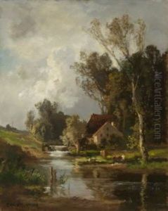 Bachlandschaft. Vor Den Bauernhausern Am Ufer Kuhe Am Wasser by Fritz Halberg-Krauss