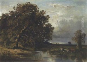Kuhe An Der Tranke An Einem Verschilften Weiher by Fritz Halberg-Krauss