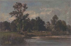Weidende Kuhe Am Ufer by Fritz Halberg-Krauss