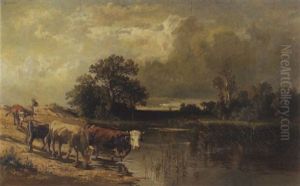 Hirte Mit Kuhen An Der Tranke by Fritz Halberg-Krauss