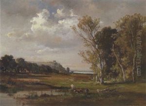 Kuhe An Der Tranke Bei Einem Teich by Fritz Halberg-Krauss