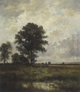 Voralpenlandschaft Mit Asenden Rehen Am Teich by Fritz Halberg-Krauss