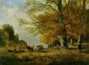 Waldarbeiter Mit Pferde- Und Ochsenfuhrwerk Im Herbstwald