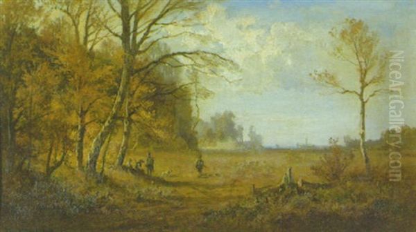 Vier Jager In Herbstlandschaft Am Waldrand - view 1
