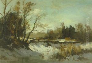 Winterlandschaft Mit Einem Stillen Teich Zwischen Baumen Winterlandschaft Mit Einem Stillen Teich Zwischen Baumen