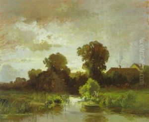 Bauernhauser Am Bach Zwischen Baumen by Fritz Halberg-Krauss