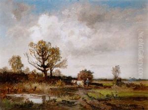 Bauern Bei Der Ernte In Herbstlicher Landschaft by Fritz Halberg-Krauss