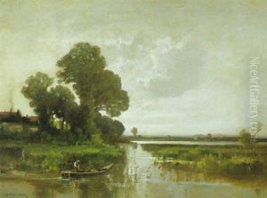 Fischer Im Nachen Auf Einem Verschliften Teich by Fritz Halberg-Krauss