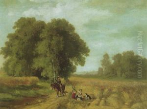 Sommerlandschaft Mit Schnitterinnen Bei Der Rast Am Reifen Kornfeld Und Einem Reiter Auf Dem Weg Links by Fritz Halberg-Krauss
