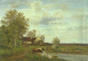 Hirte Mit Kuhen Am Teich In Dachauer Landschaft