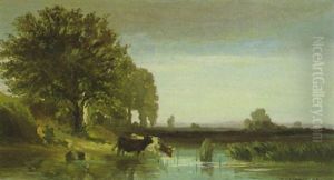 Kuhe An Der Tranke An Einem Teich Im Voralpenland by Fritz Halberg-Krauss