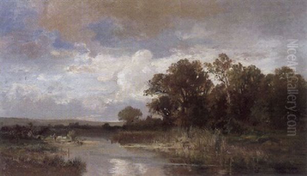 Herbstlandschaft Mit Einer Gansehirtin Am Ufer Des Wassers Links - view 1
