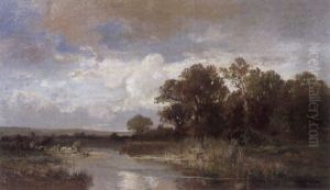 Herbstlandschaft Mit Einer Gansehirtin Am Ufer Des Wassers Links