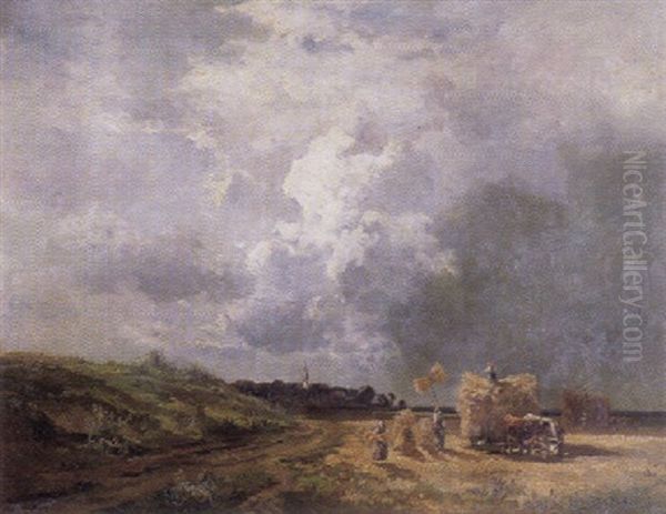 Getreideernte Auf Dem Feld Vor Einem Dorf - view 1