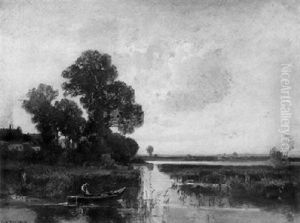 Fischer Im Nachen Auf Dem Stillen Weiher by Fritz Halberg-Krauss