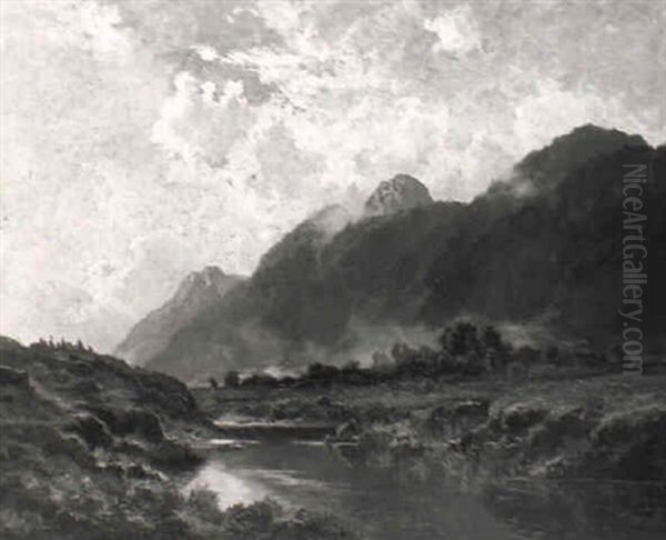 Gebirgstal Mit Flus Und Aufsteigenden Nebelschwaden - view 1