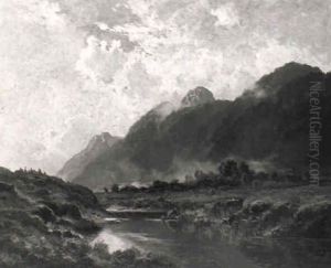 Gebirgstal Mit Flus Und Aufsteigenden Nebelschwaden by Fritz Halberg-Krauss