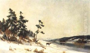 Rehe In Verschneiter Fluslandschaft by Fritz Halberg-Krauss